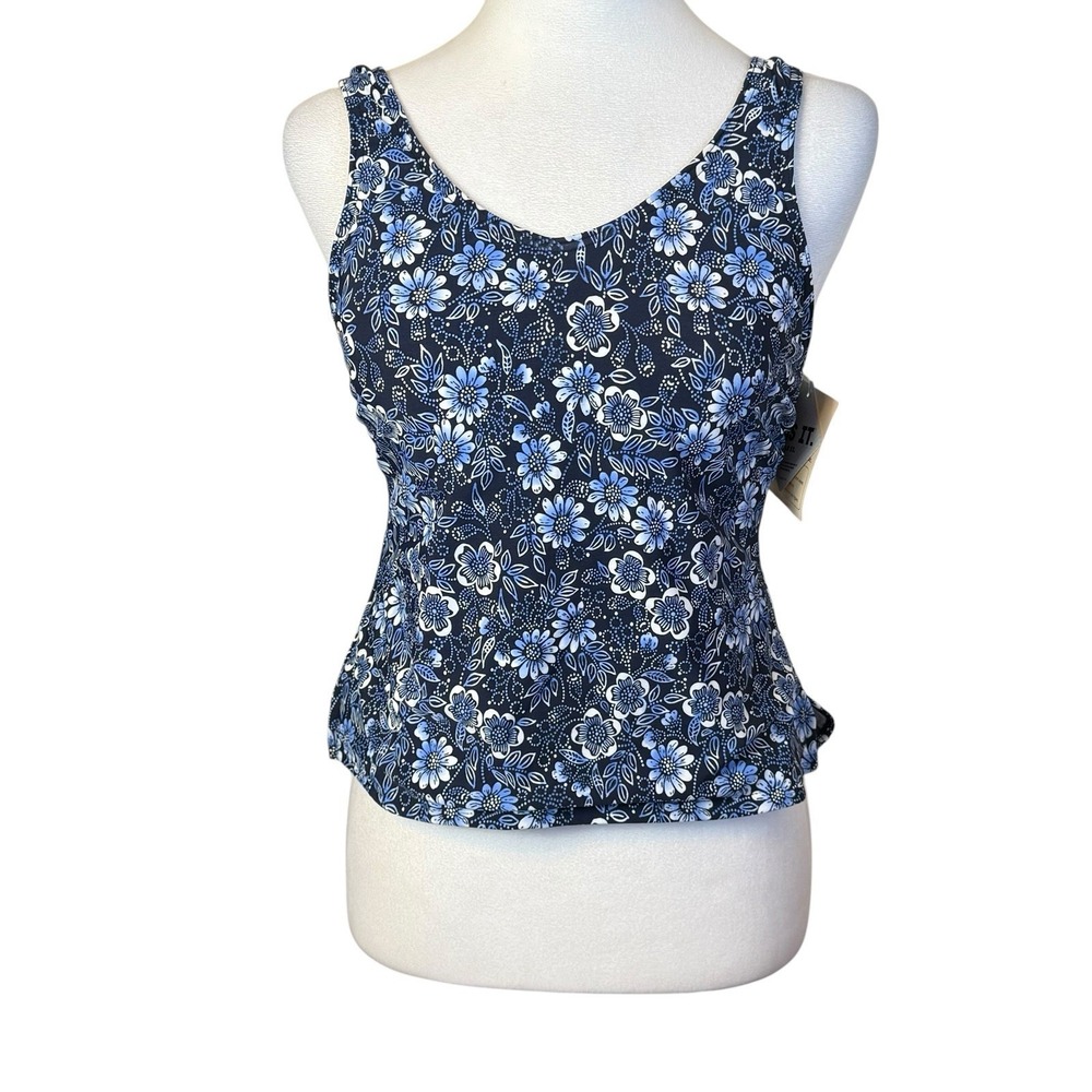 Vtg NWT LL Bean BeanSport Swimwear V-Neck Tankini Top Blue Floral Size 8 Swim